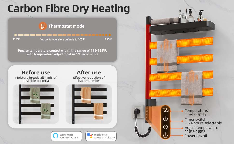 SIOYIE Smart Rotating Heated Towel Rack For Bathroom, Wall-Mounted Electric Towel Dryer With Swivel Bars & Shelf, Smart Timer, Low Carbon Steel, Plug-in/Hardwired, Towel Warmer With Wi-Fi App Control_voghion.com